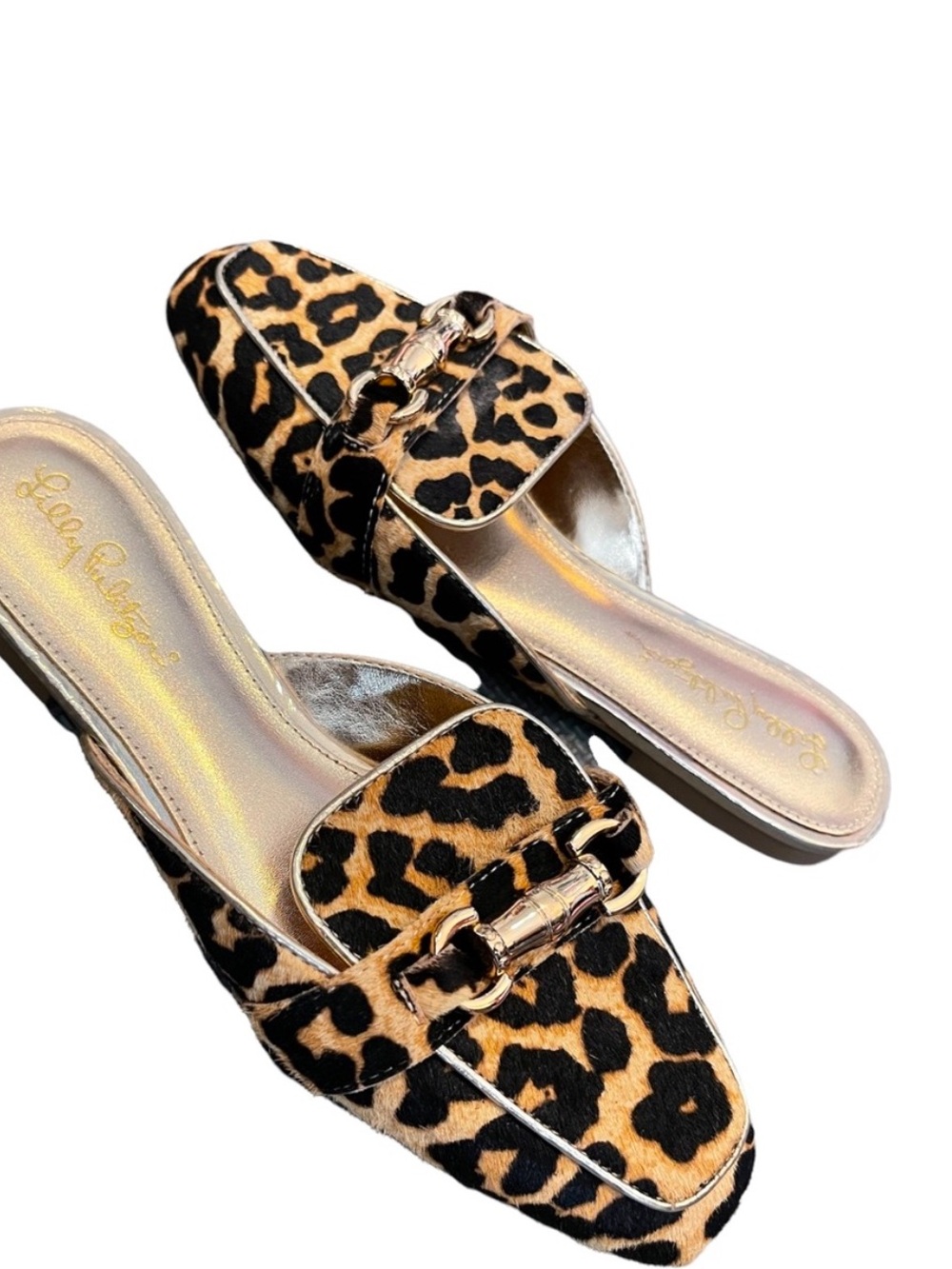 EUC Lilly Pulitzer Andi leopard print call hair mule flats gold buckle size 10
